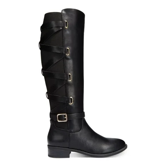 THALIA SODI Womens Black Criss-Cross Straps At Back Round Toe Boots 6 - Picture 2 of 4